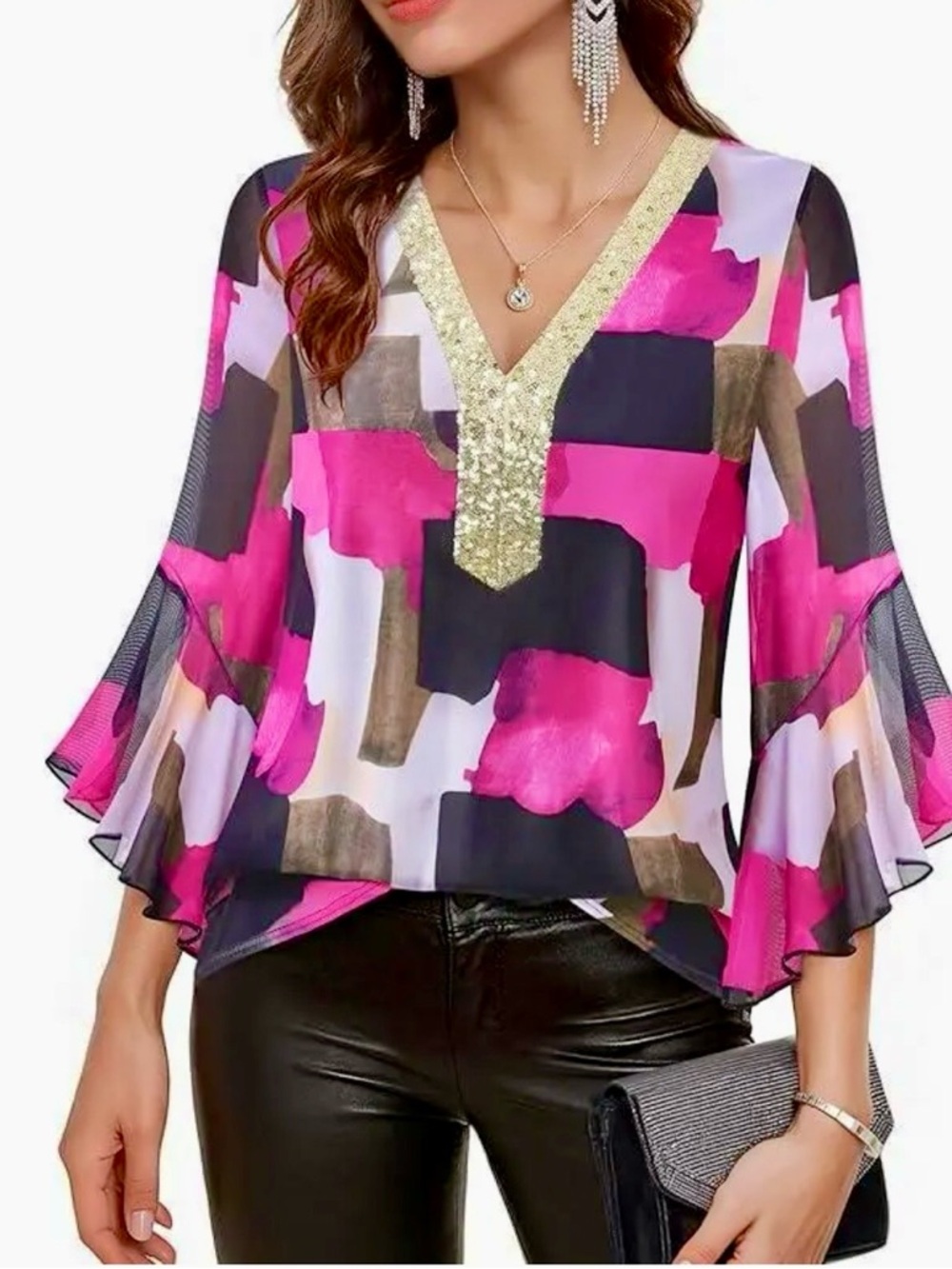 V-Neck Abstract Print Chiffon Blouse in Fuchsia and black size large.